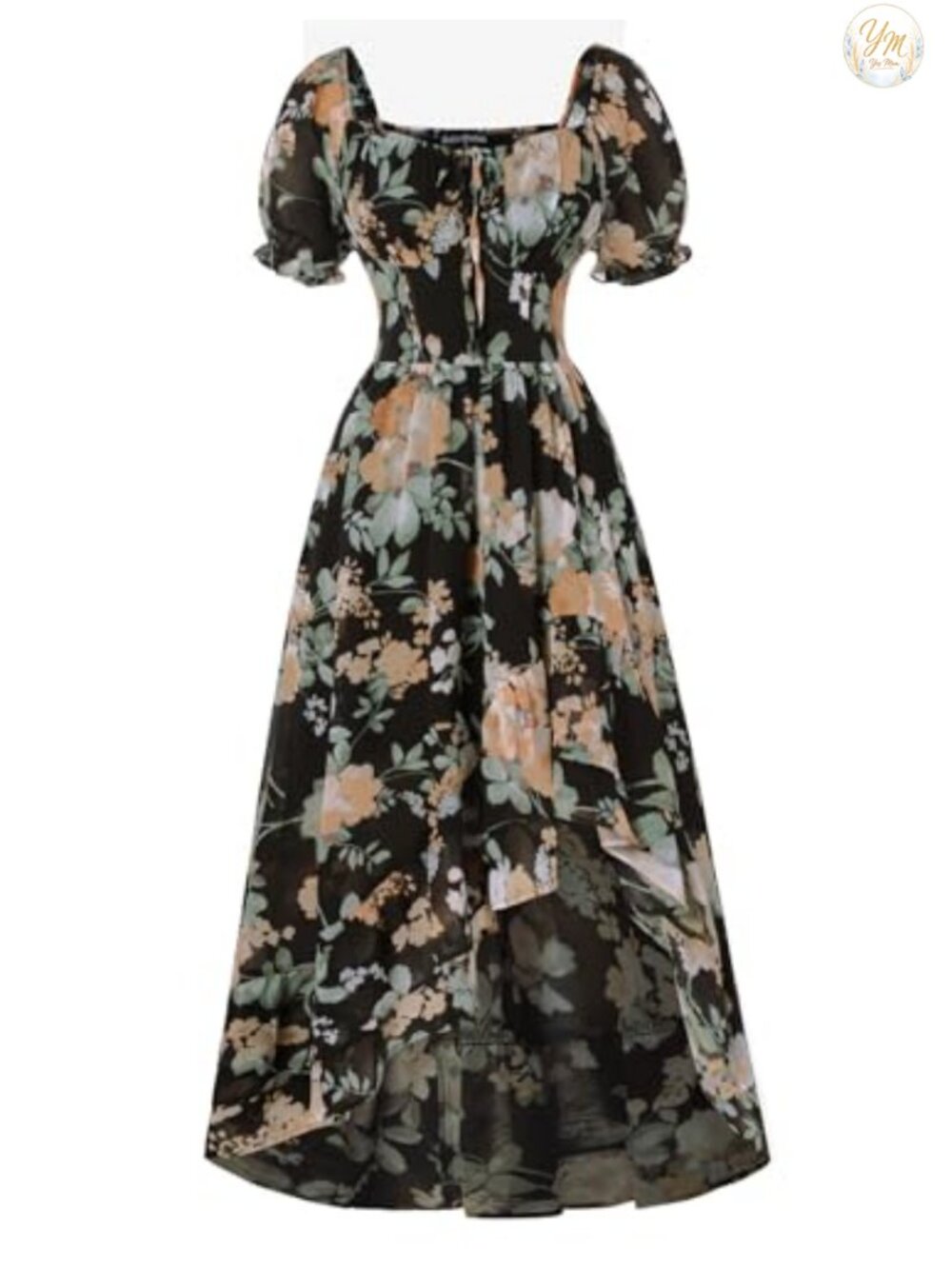 Women's Off Shoulder Corset Maxi Dress Floral Chiffon Puff Sleeve